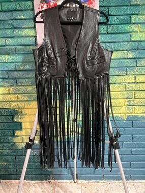 Black Faux Leather Fringe Vest large western boho
